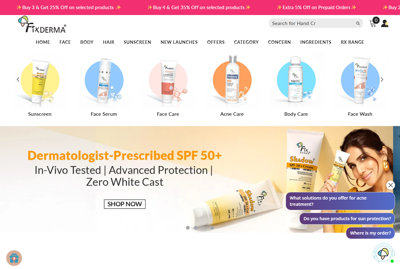 Fixderma India official website screenshot