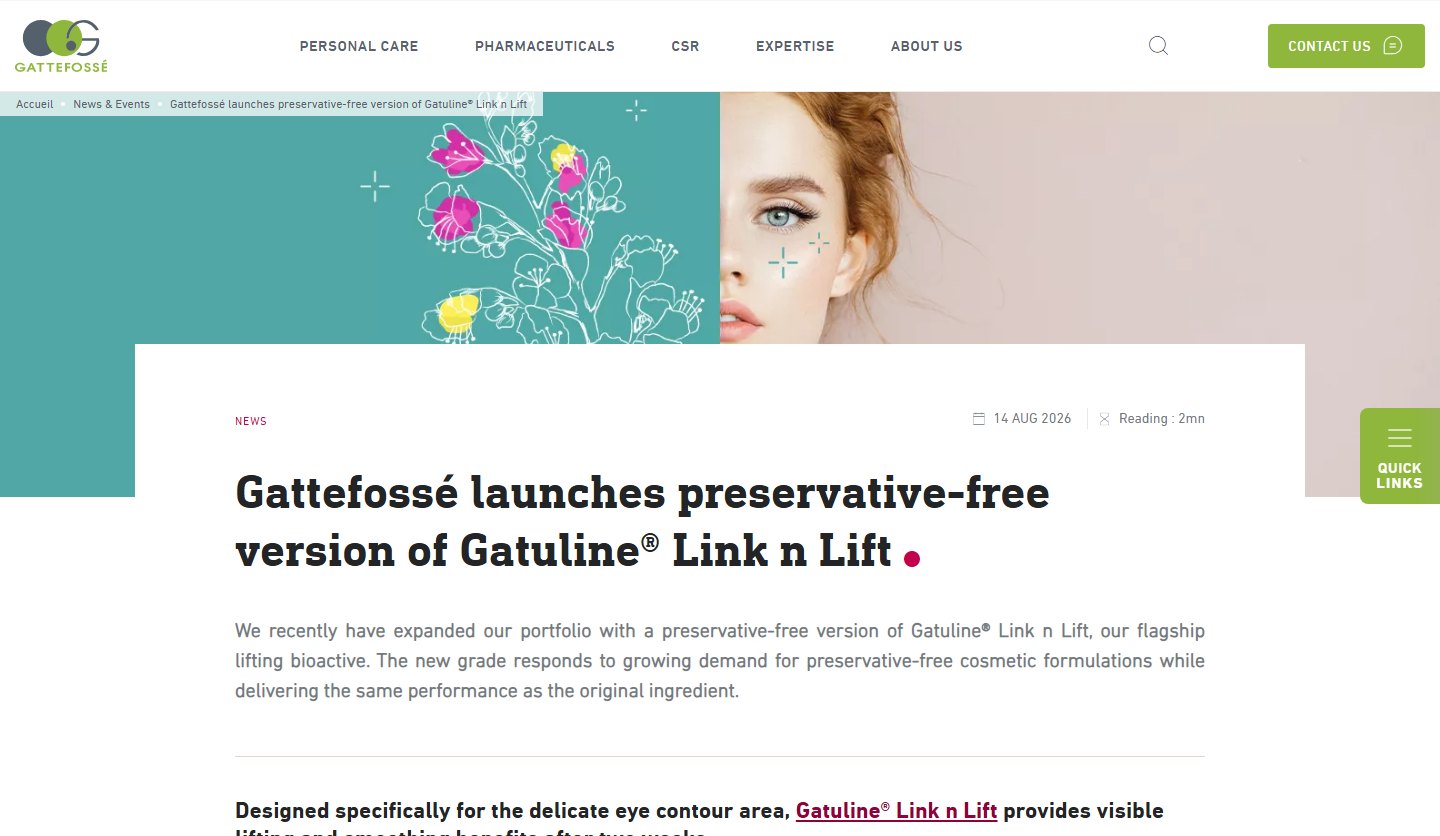 Gattefoss&eacute;&rsquo;s official launch announcement page for the preservative-free version of Gatuline Link n Lift, dated 14 August 2026