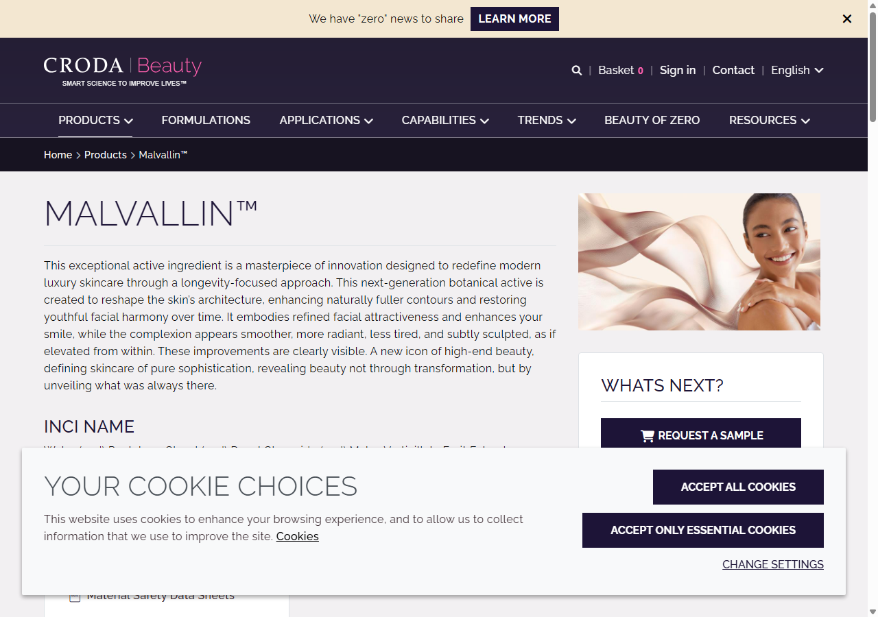 Malvallin product listing on Croda Beauty's official website