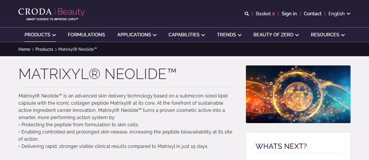 Croda Beauty product page for Matrixyl Neolide, showing the submicron lipid capsule description