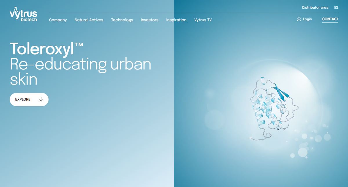 Vytrus Biotech product page for Toleroxyl, headlined Re-educating urban skin