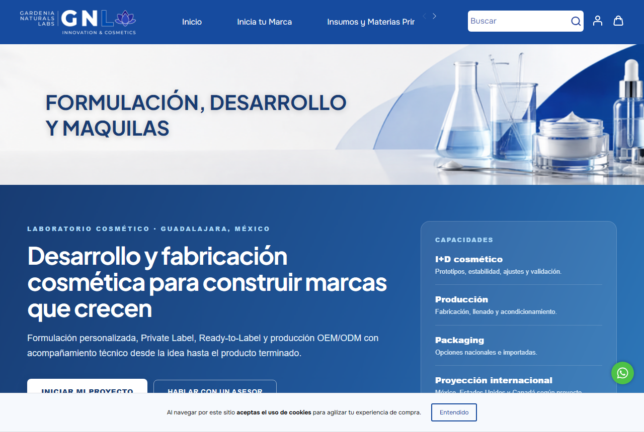 Gardenia Naturals Labs contract manufacturing page screenshot
