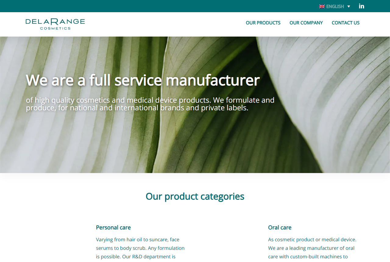 Delarange International cosmetics and medical device manufacturer website, Zeewolde, Netherlands