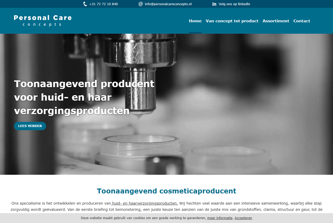 Personal Care Concepts skincare and haircare manufacturer website, Heerhugowaard, Netherlands