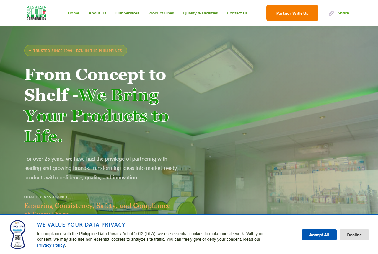 A.M. Rieta Corporation cosmetic manufacturing website homepage