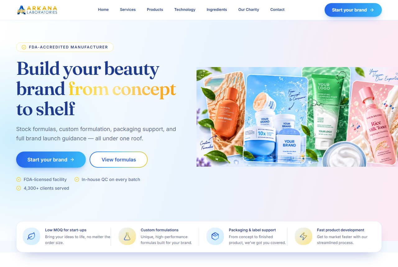 Arkana Laboratories FDA-licensed cosmetics manufacturer website homepage