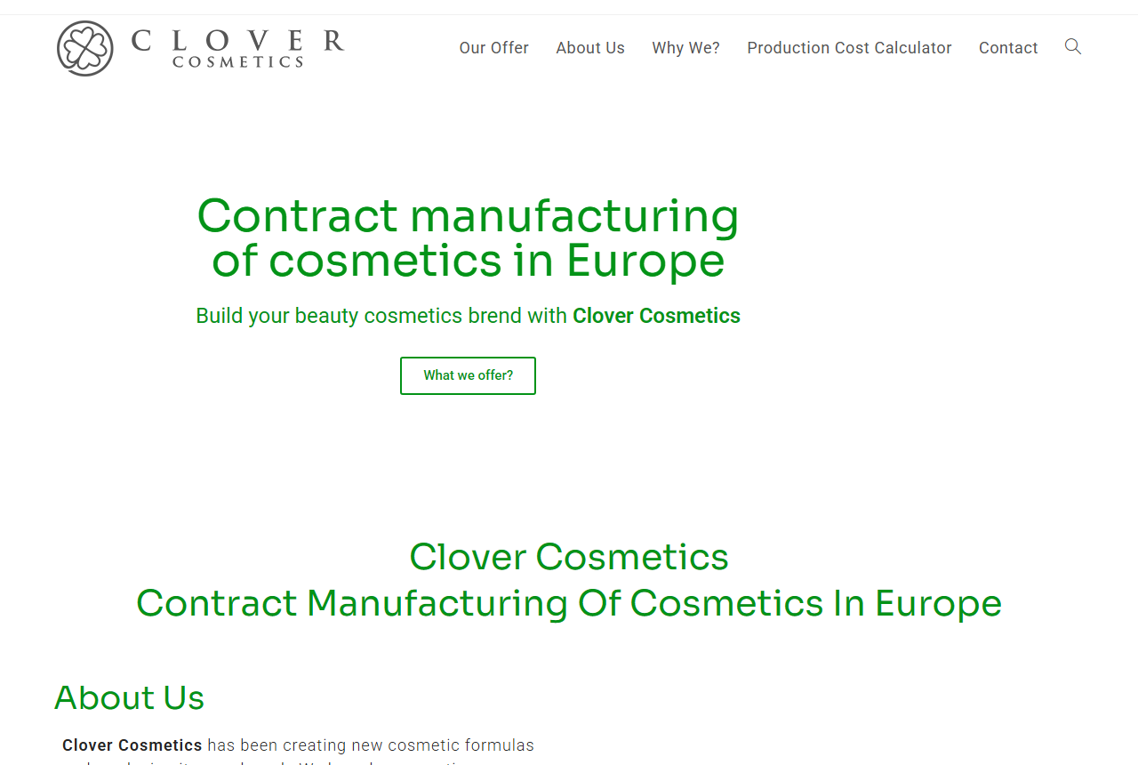 Clover Cosmetics private label website homepage