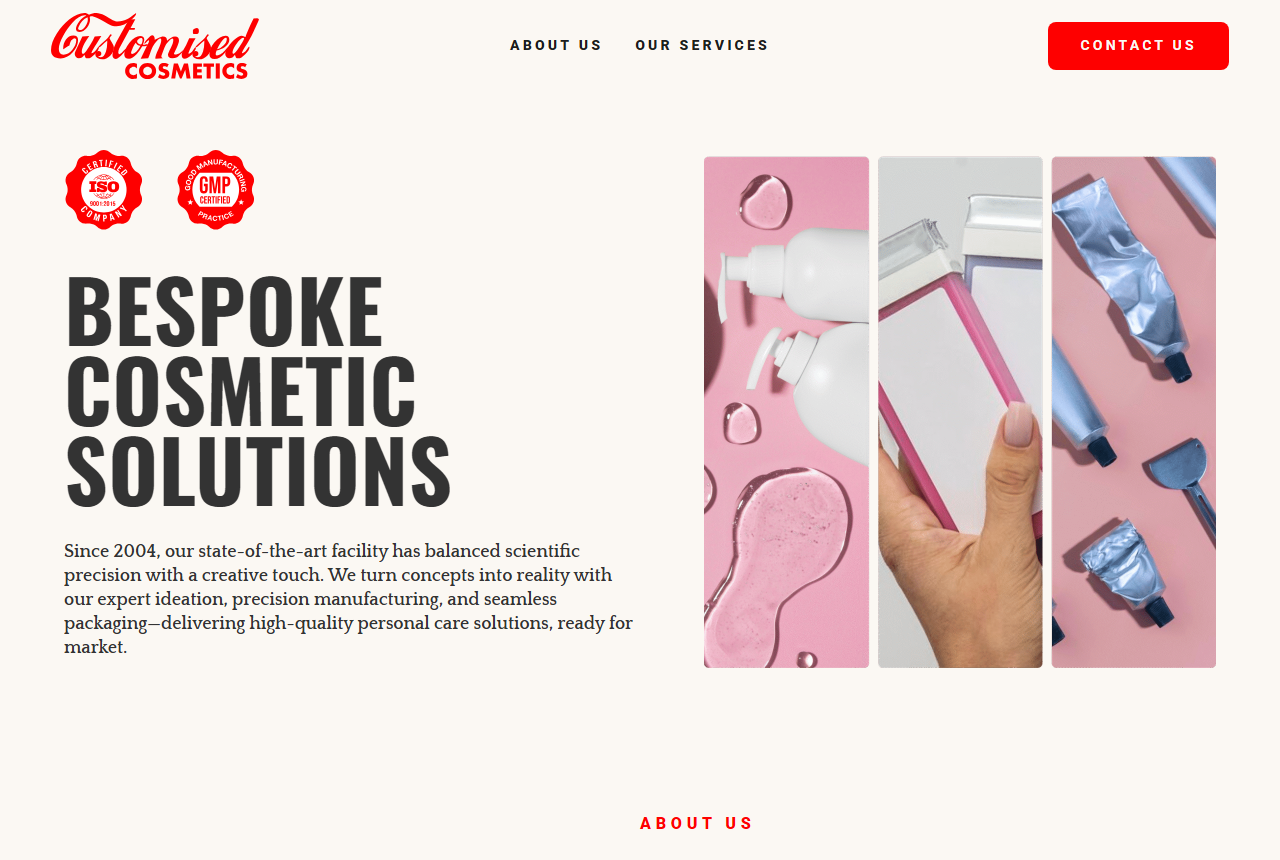 Customised Cosmetics website homepage