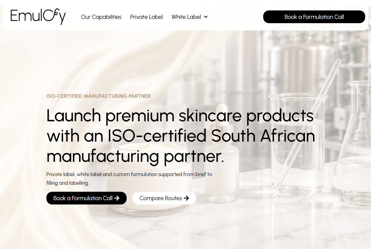 Emulcfy skincare manufacturing website homepage