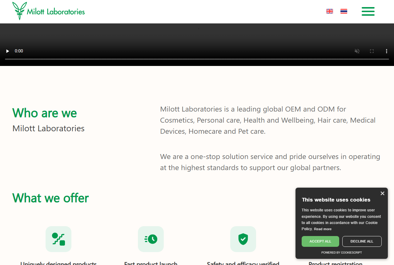 Milott Laboratories official website screenshot