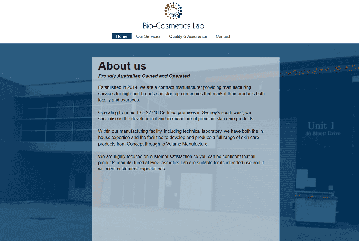 Bio-Cosmetics Lab official website screenshot