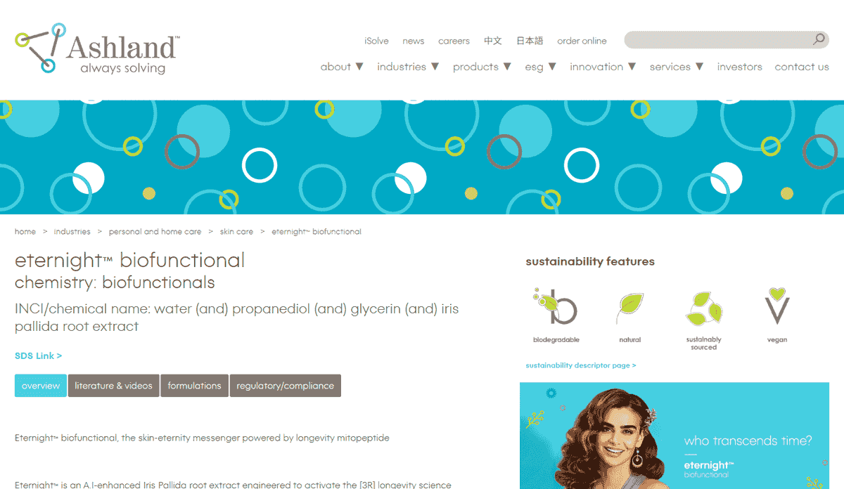 Ashland official product page for eternight biofunctional, showing the INCI water, propanediol, glycerin and Iris pallida root extract, and the sustainability icons