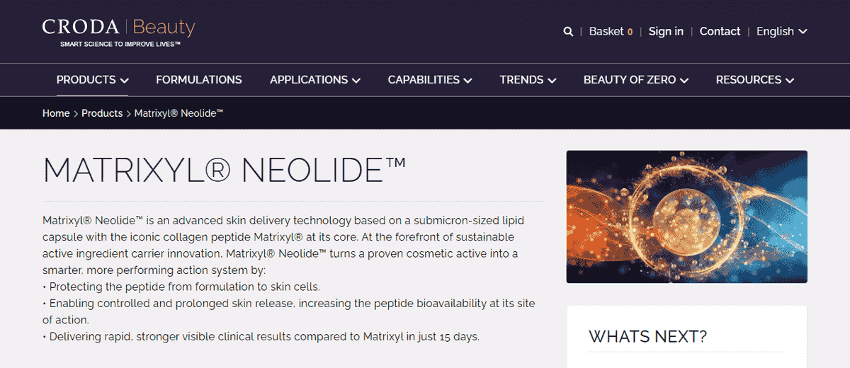 Croda Beauty product page for Matrixyl Neolide, showing the submicron lipid capsule description