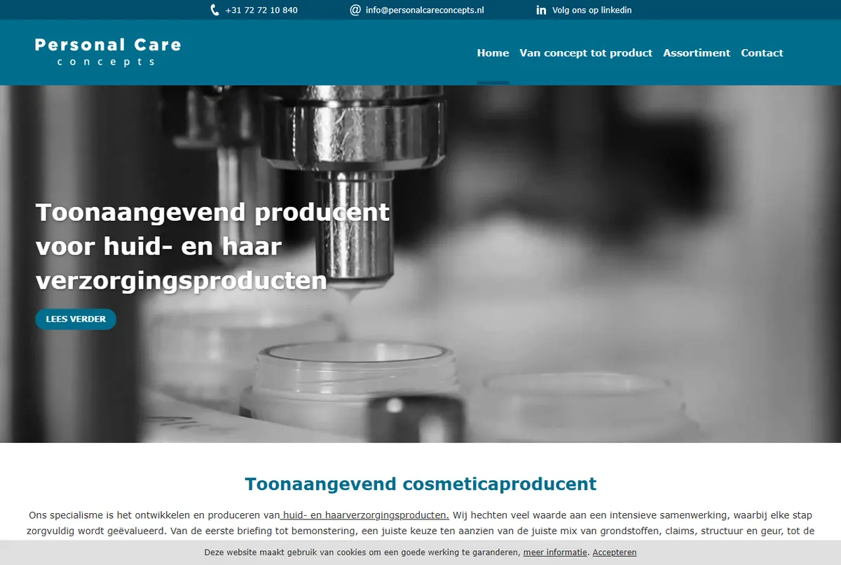 Personal Care Concepts skincare and haircare manufacturer website, Heerhugowaard, Netherlands