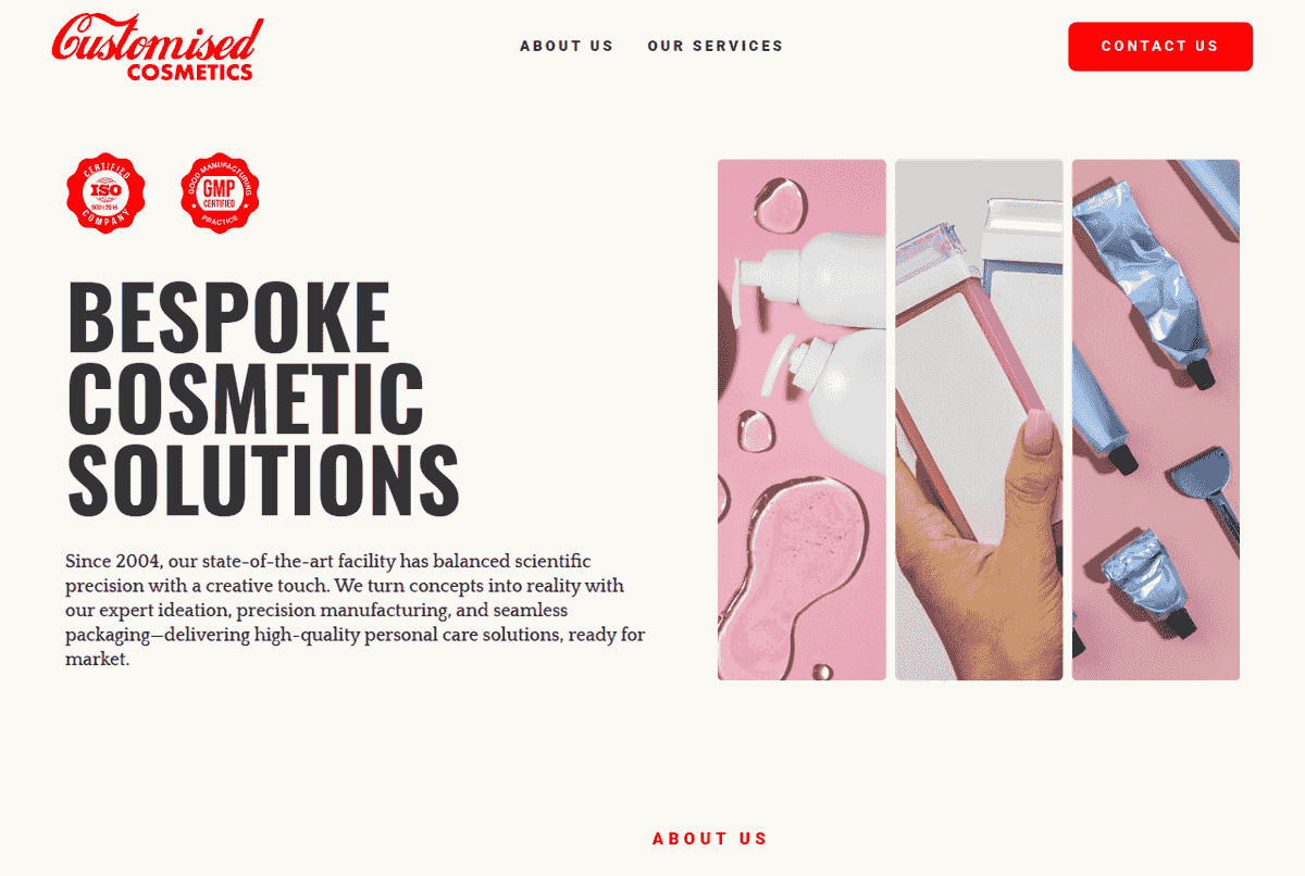 Customised Cosmetics website homepage