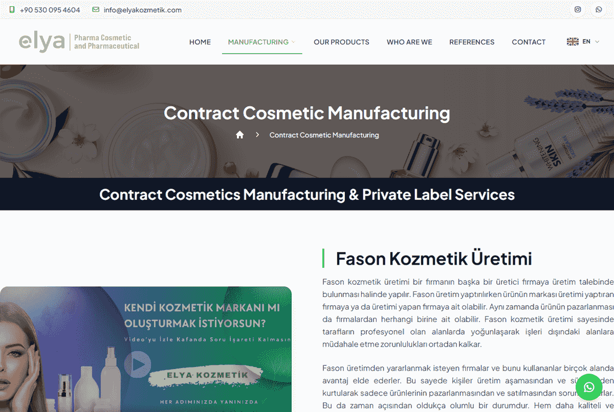 Elya Kozmetik contract cosmetic manufacturing website