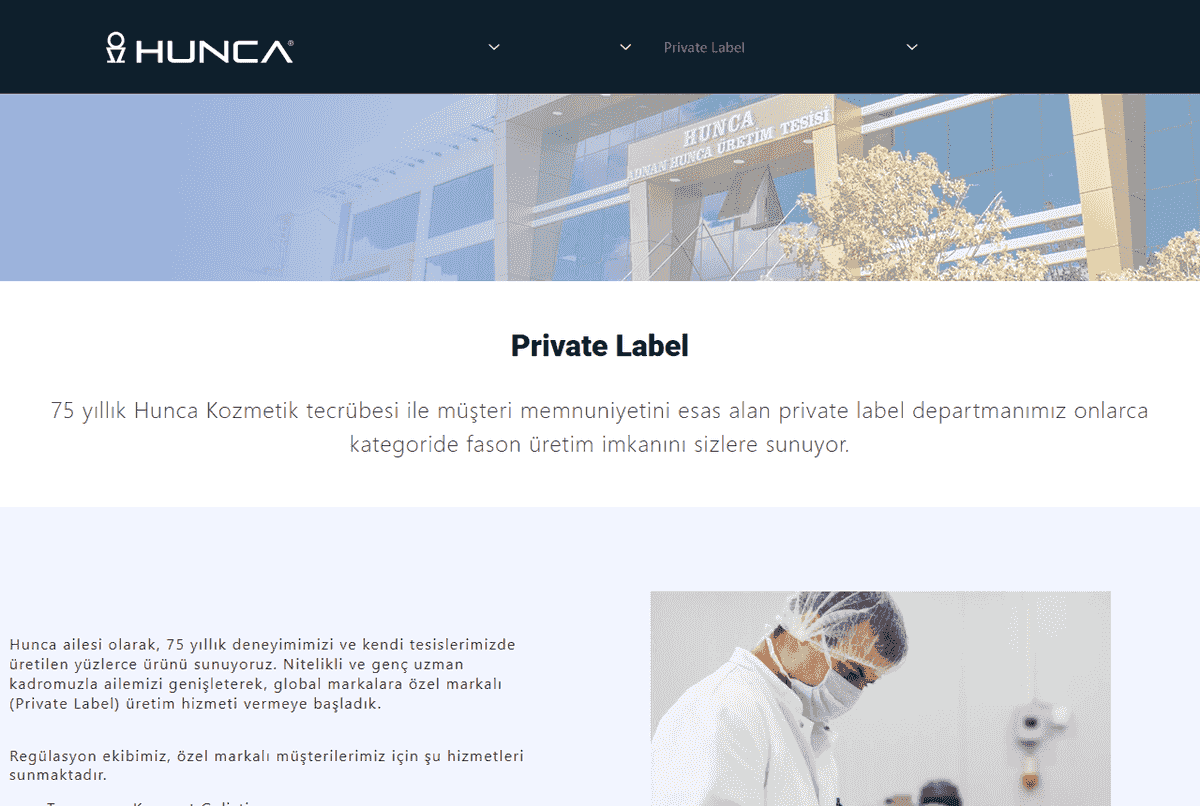 Hunca Kozmetik private label page
